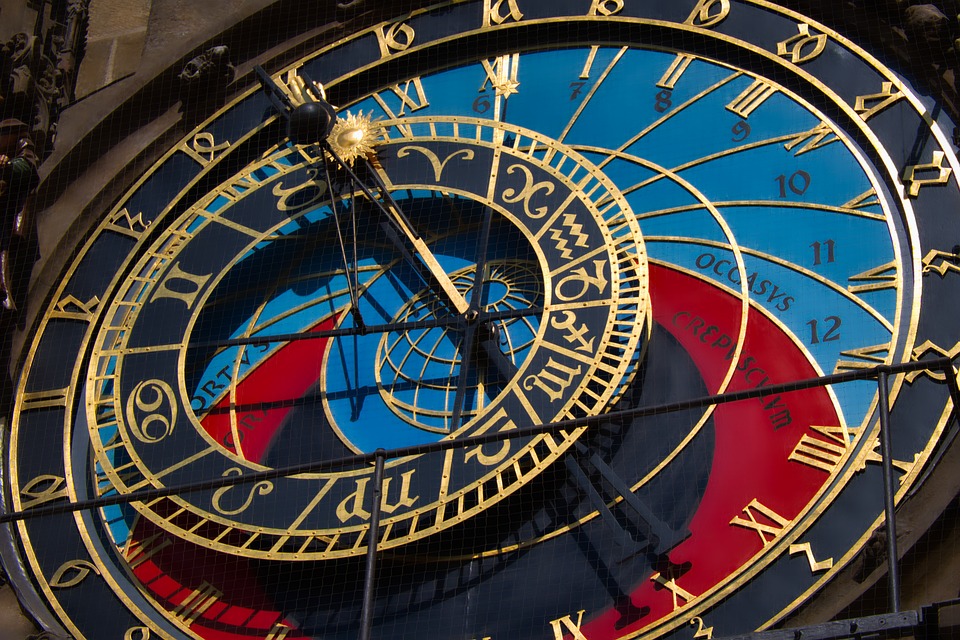 Detailed view of the astronomical clock on the Orloj in Prague