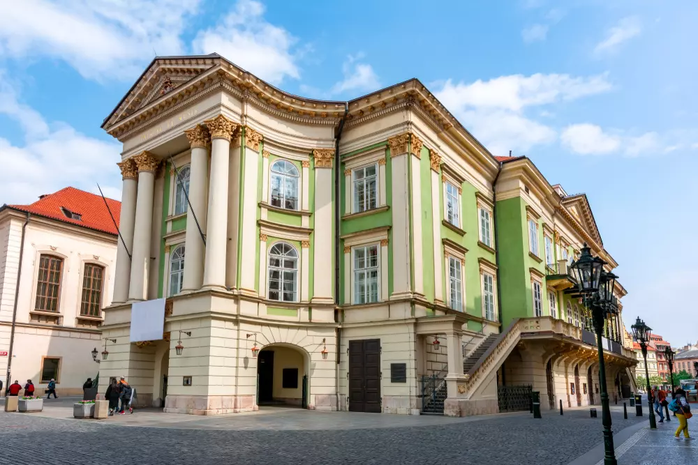 Exterior of the Estates Theatre in Prague with neoclassical architecture