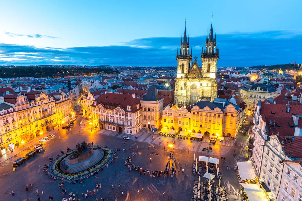 Church of Our Lady before Týn in Prague illuminated by night lights